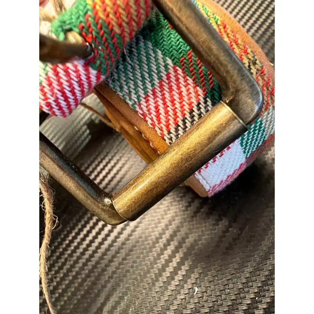 NWT Creative Co-op Cotton & Leather Large Green Plaid Dog Collar Item # XS5767A